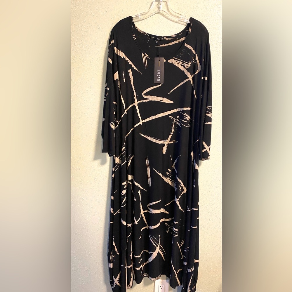 Black & Cream Abstract Midi Dress - KOZAN